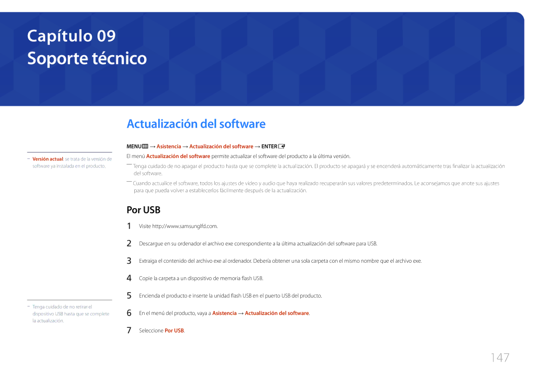 Samsung LH40MECPLGC/EN, LH32MECPLGC/EN, LH55MECPLGC/EN manual Soporte técnico, Actualización del software, 147, Por USB 