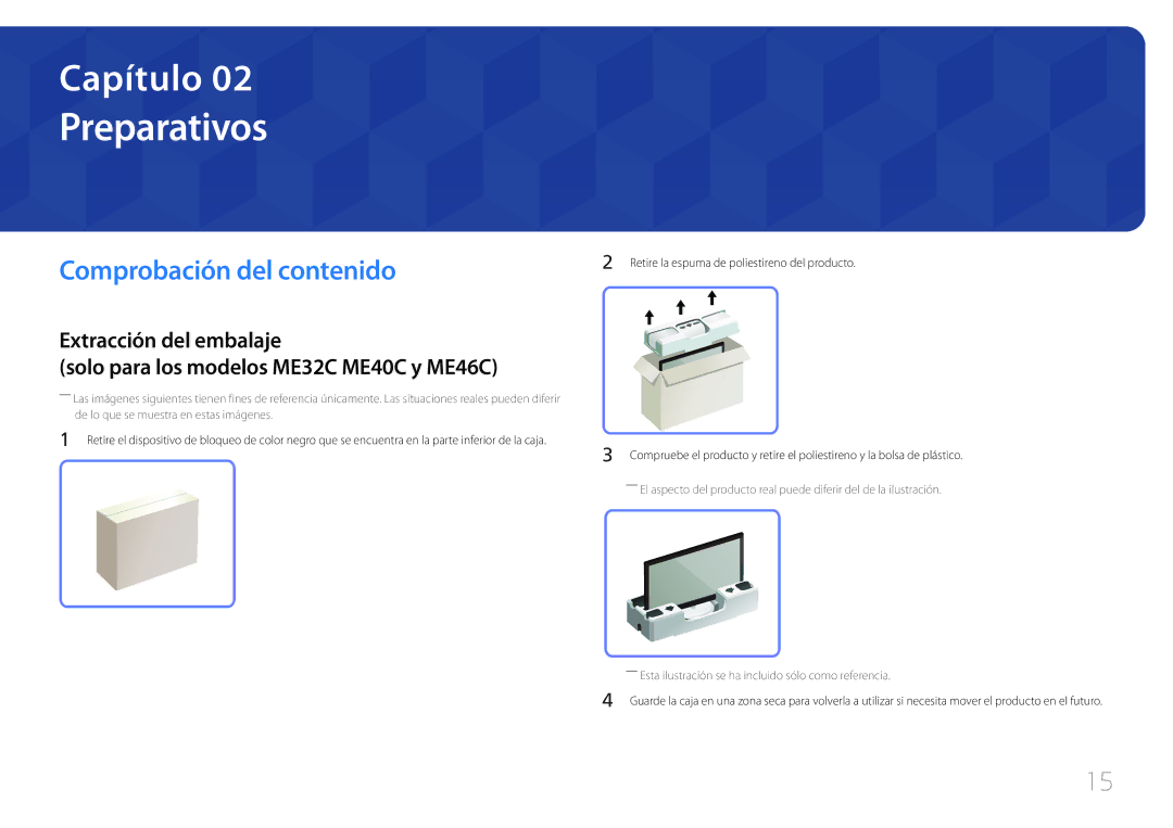 Samsung LH40MECPLGC/EN, LH32MECPLGC/EN, LH55MECPLGC/EN, LH46MECPLGC/EN manual Preparativos, Comprobación del contenido 