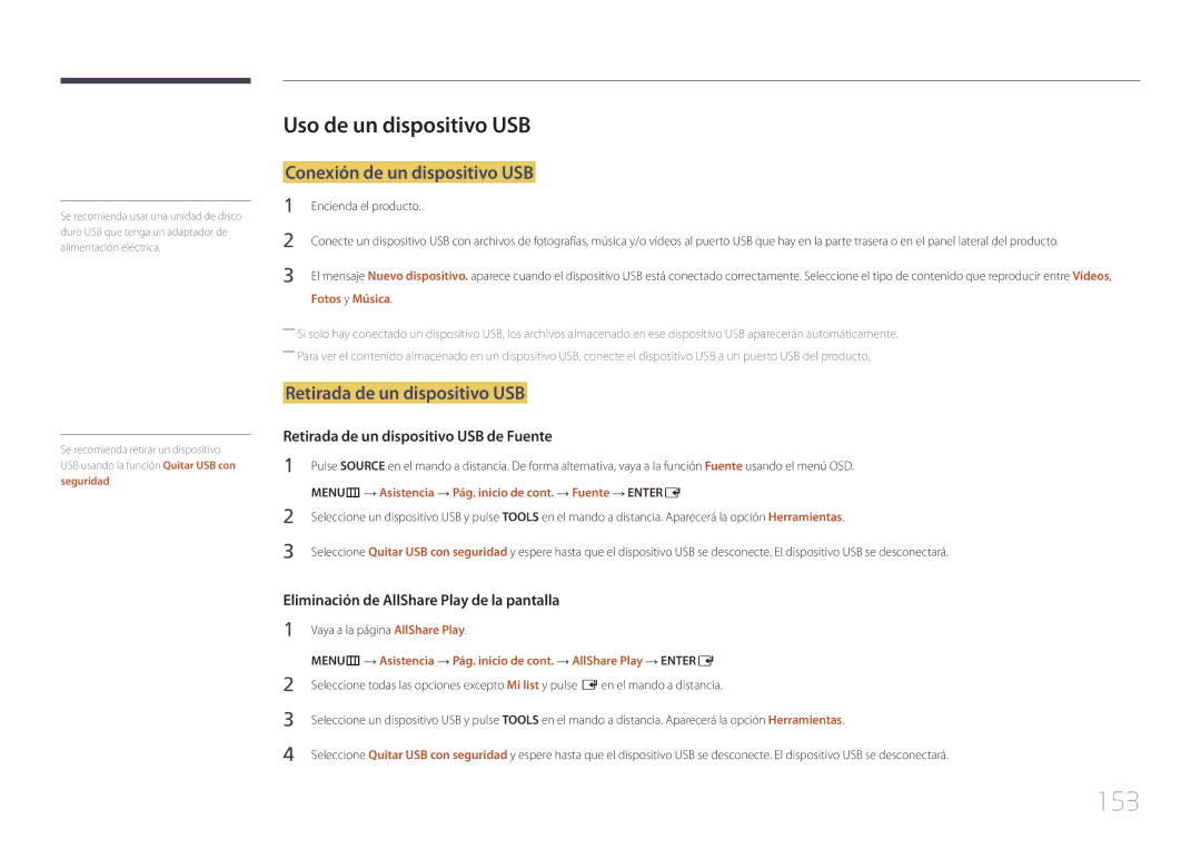 Samsung LH55MECPLGC/EN 153, Uso de un dispositivo USB, Conexión de un dispositivo USB, Retirada de un dispositivo USB 