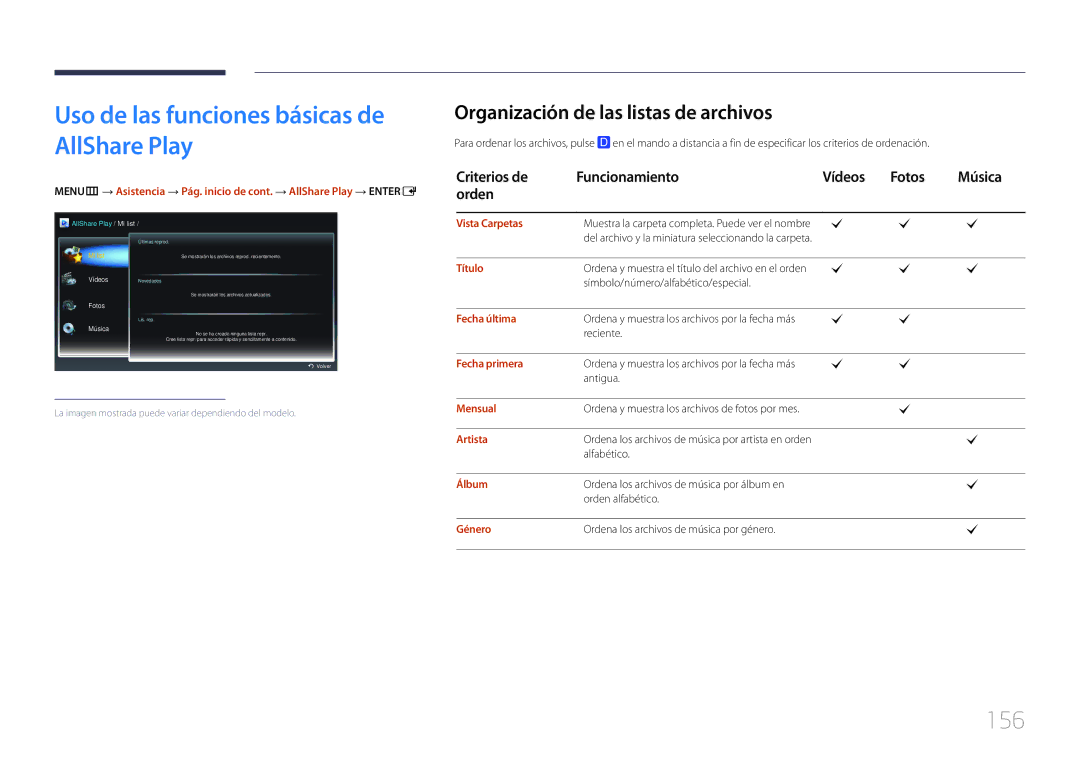 Samsung LH32MECPLGC/EN manual Uso de las funciones básicas de AllShare Play, 156, Organización de las listas de archivos 