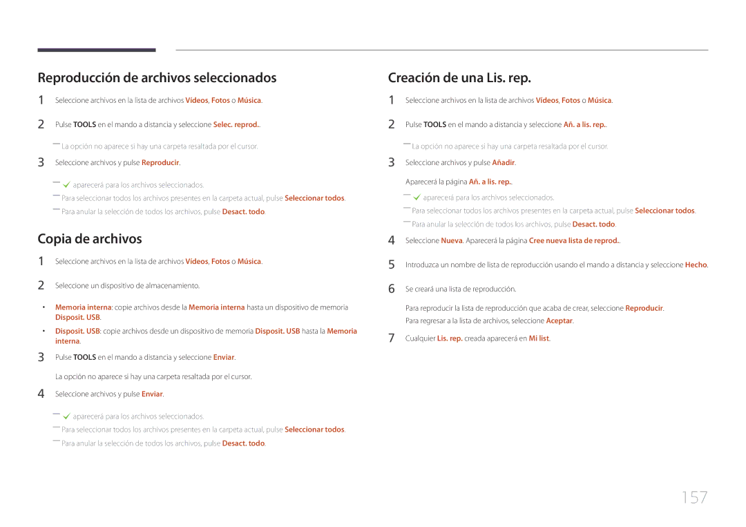 Samsung LH55MECPLGC/EN manual 157, Reproducción de archivos seleccionados, Copia de archivos, Creación de una Lis. rep 