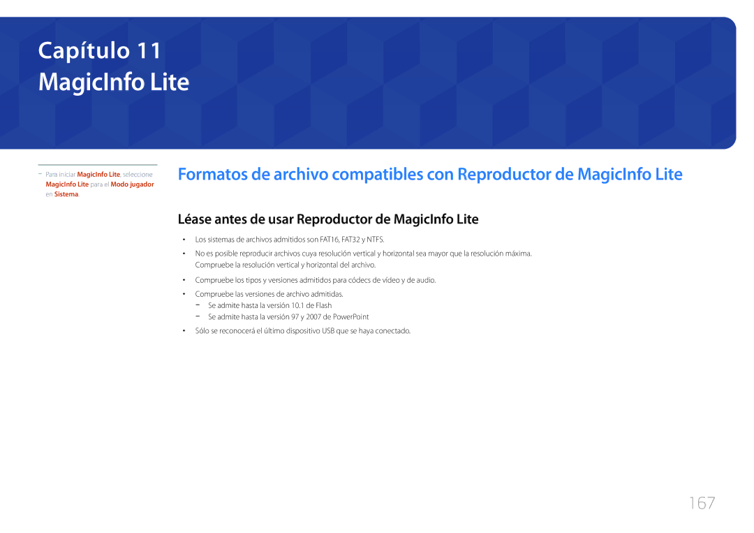 Samsung LH40MECPLGC/EN, LH32MECPLGC/EN, LH55MECPLGC/EN manual 167, Léase antes de usar Reproductor de MagicInfo Lite 