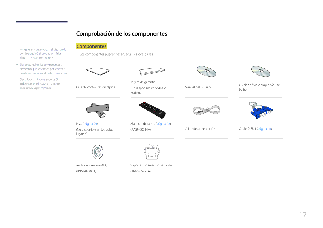 Samsung LH55MECPLGC/EN, LH32MECPLGC/EN, LH46MECPLGC/EN, LH40MECPLGC/EN manual Comprobación de los componentes, Componentes 