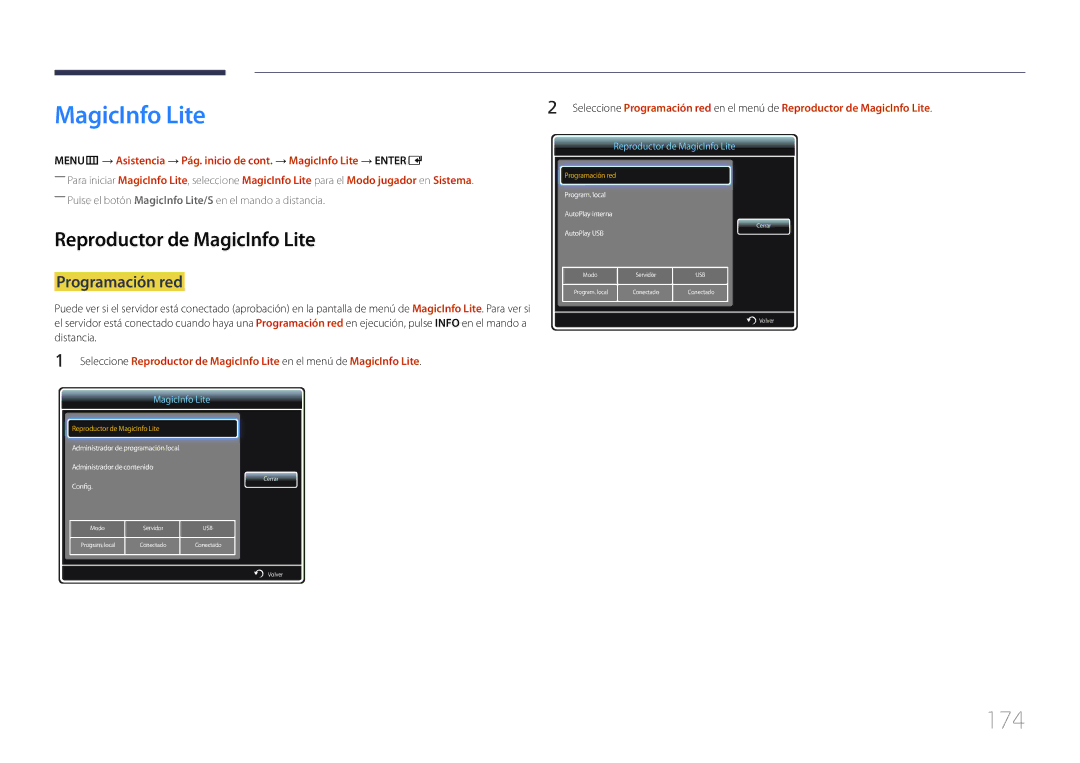 Samsung LH46MECPLGC/EN, LH32MECPLGC/EN, LH55MECPLGC/EN manual 174, Reproductor de MagicInfo Lite, Programación red 