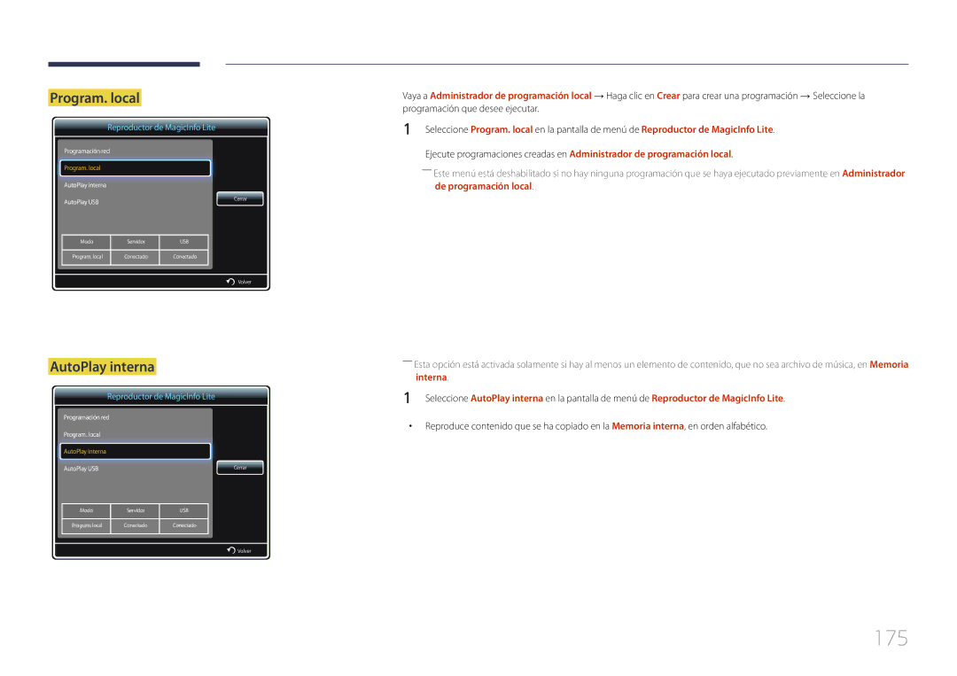 Samsung LH40MECPLGC/EN, LH32MECPLGC/EN, LH55MECPLGC/EN, LH46MECPLGC/EN manual 175, Program. local, AutoPlay interna 