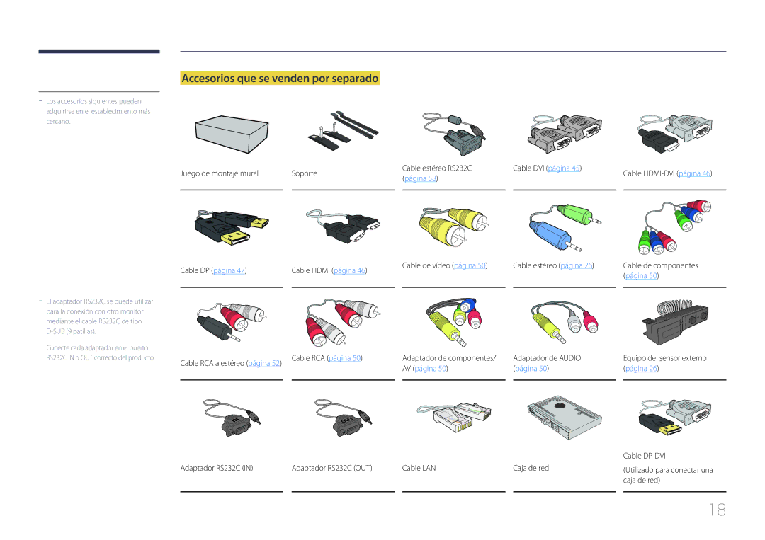 Samsung LH46MECPLGC/EN manual Accesorios que se venden por separado, Adaptador RS232C Adaptador RS232C OUT Cable LAN 