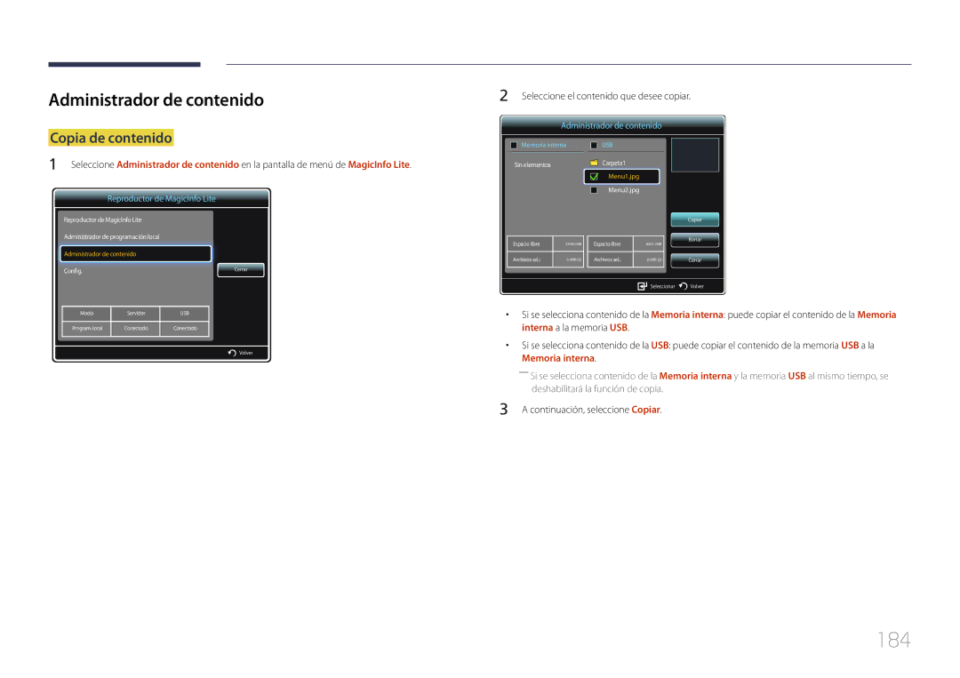 Samsung LH32MECPLGC/EN manual 184, Administrador de contenido, Copia de contenido, Continuación, seleccione Copiar 