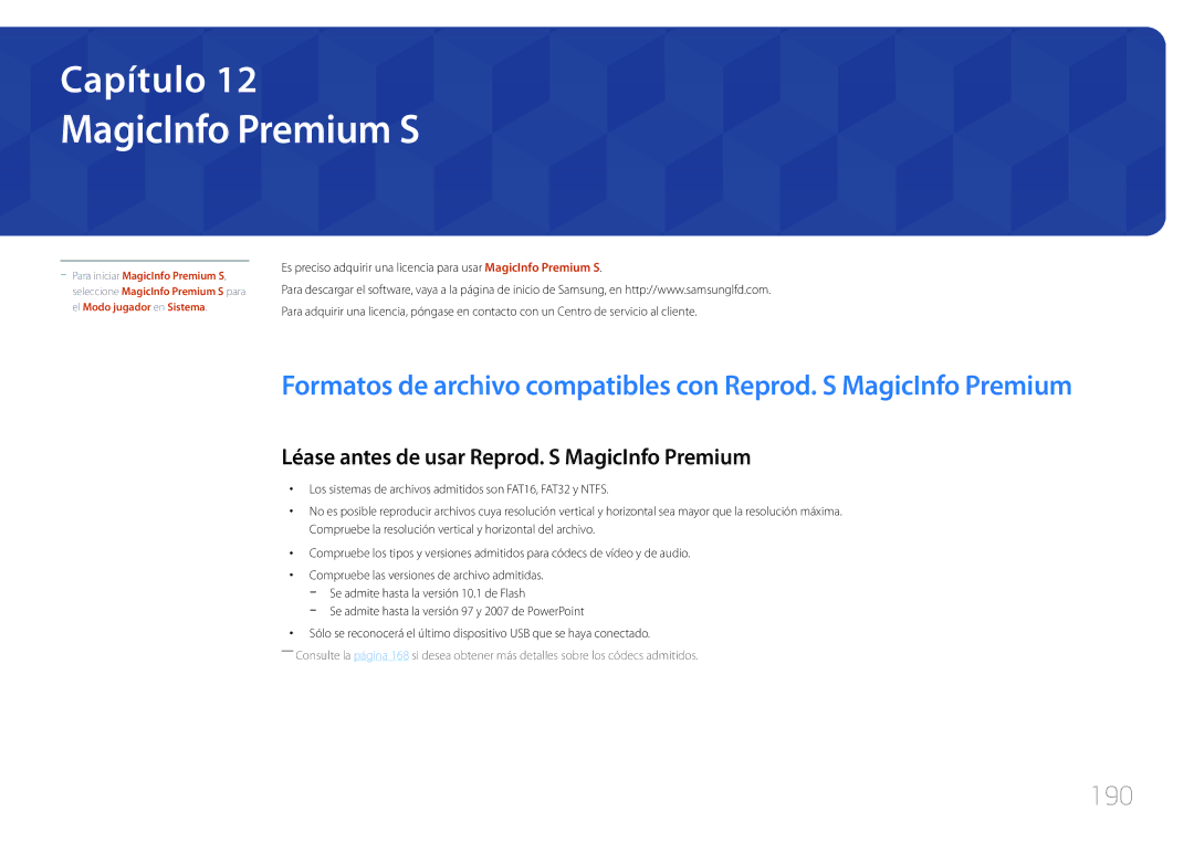 Samsung LH46MECPLGC/EN, LH32MECPLGC/EN manual MagicInfo Premium S, 190, Léase antes de usar Reprod. S MagicInfo Premium 