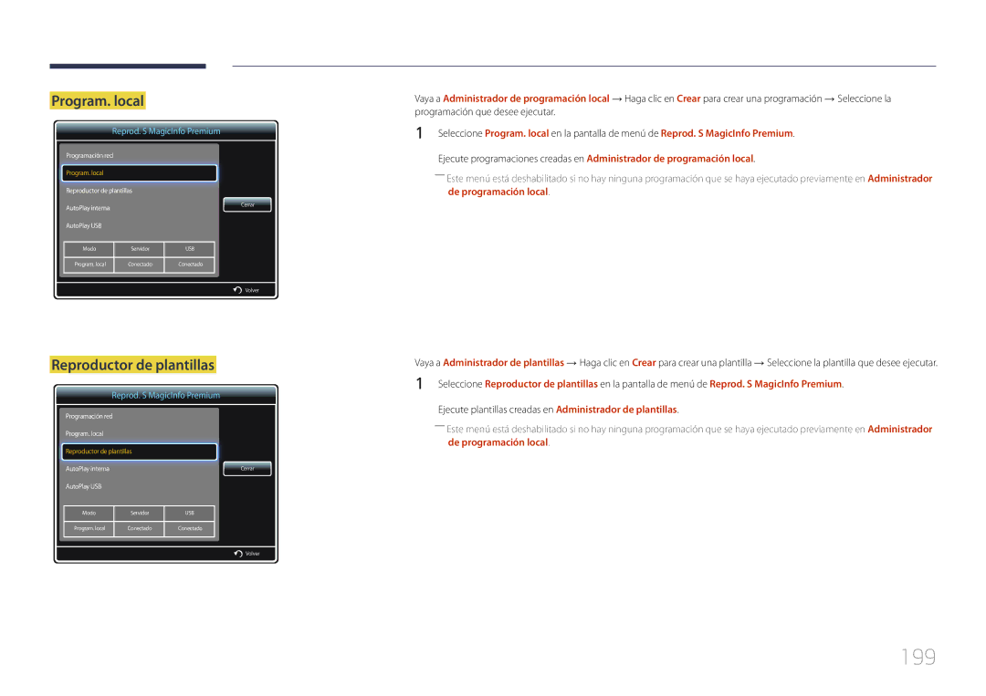 Samsung LH40MECPLGC/EN manual 199, Reproductor de plantillas, Ejecute plantillas creadas en Administrador de plantillas 