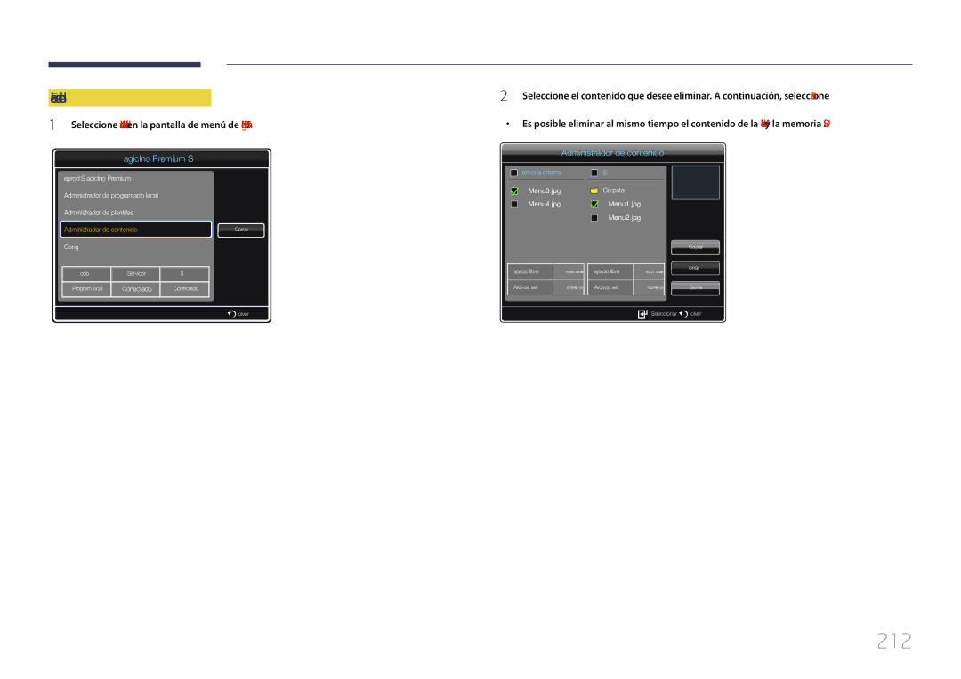 Samsung LH32MECPLGC/EN, LH55MECPLGC/EN, LH46MECPLGC/EN, LH40MECPLGC/EN manual 212, Eliminación de contenido 