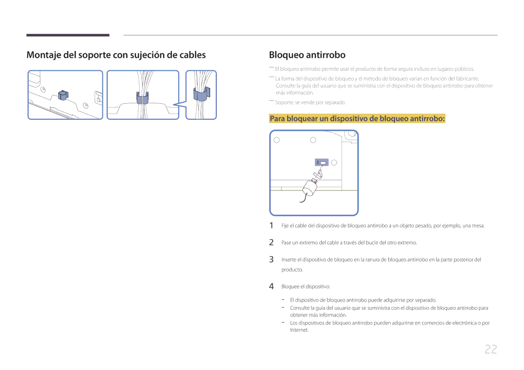 Samsung LH46MECPLGC/EN manual Montaje del soporte con sujeción de cables, Para bloquear un dispositivo de bloqueo antirrobo 