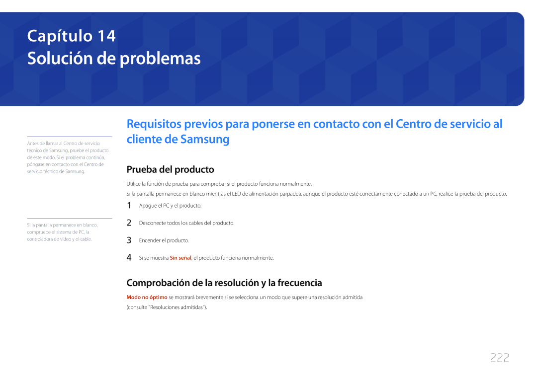 Samsung LH46MECPLGC/EN Solución de problemas, 222, Prueba del producto, Comprobación de la resolución y la frecuencia 