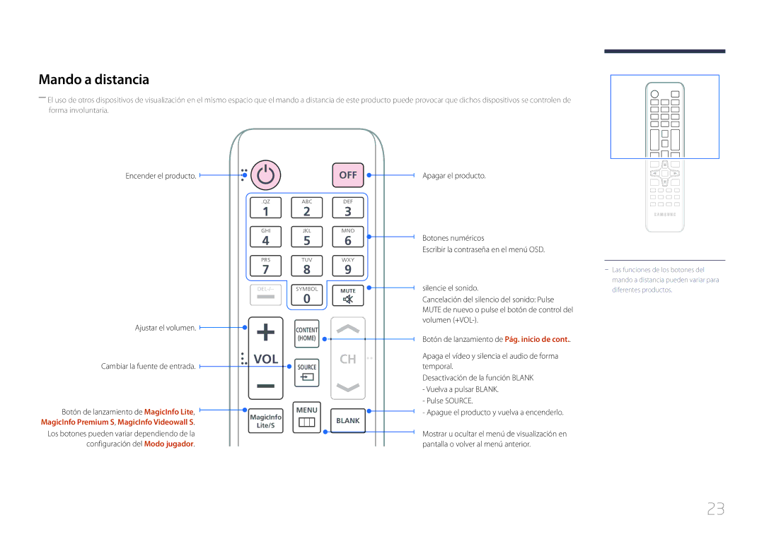 Samsung LH40MECPLGC/EN, LH32MECPLGC/EN, LH55MECPLGC/EN manual Mando a distancia, Apagar el producto Ajustar el volumen 