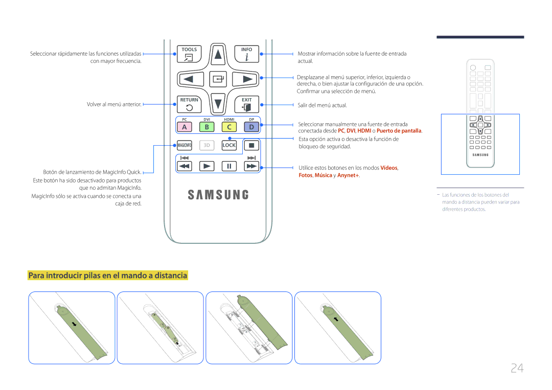 Samsung LH32MECPLGC/EN manual Para introducir pilas en el mando a distancia, Con mayor frecuencia Volver al menú anterior 