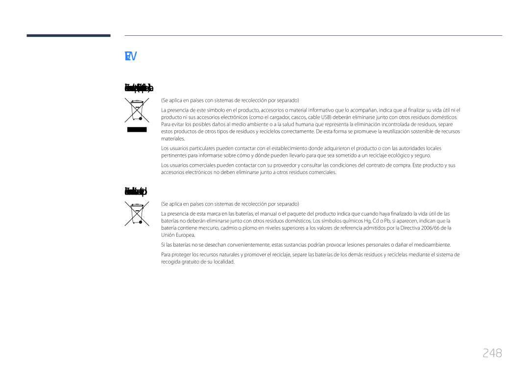 Samsung LH32MECPLGC/EN, LH55MECPLGC/EN, LH46MECPLGC/EN manual 248, Eliminación correcta de las baterías de este producto 