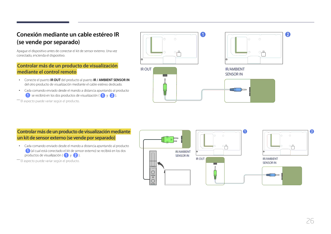 Samsung LH46MECPLGC/EN, LH32MECPLGC/EN, LH55MECPLGC/EN manual Conexión mediante un cable estéreo IR se vende por separado 