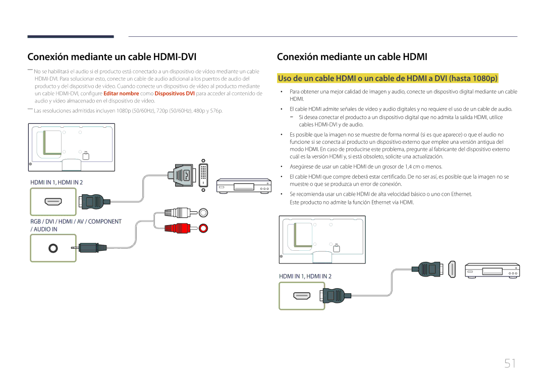 Samsung LH40MECPLGC/EN manual Conexión mediante un cable Hdmi, Uso de un cable Hdmi o un cable de Hdmi a DVI hasta 1080p 