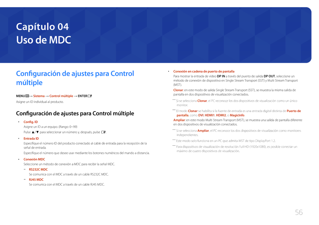 Samsung LH32MECPLGC/EN, LH55MECPLGC/EN, LH46MECPLGC/EN manual Uso de MDC, Configuración de ajustes para Control múltiple 