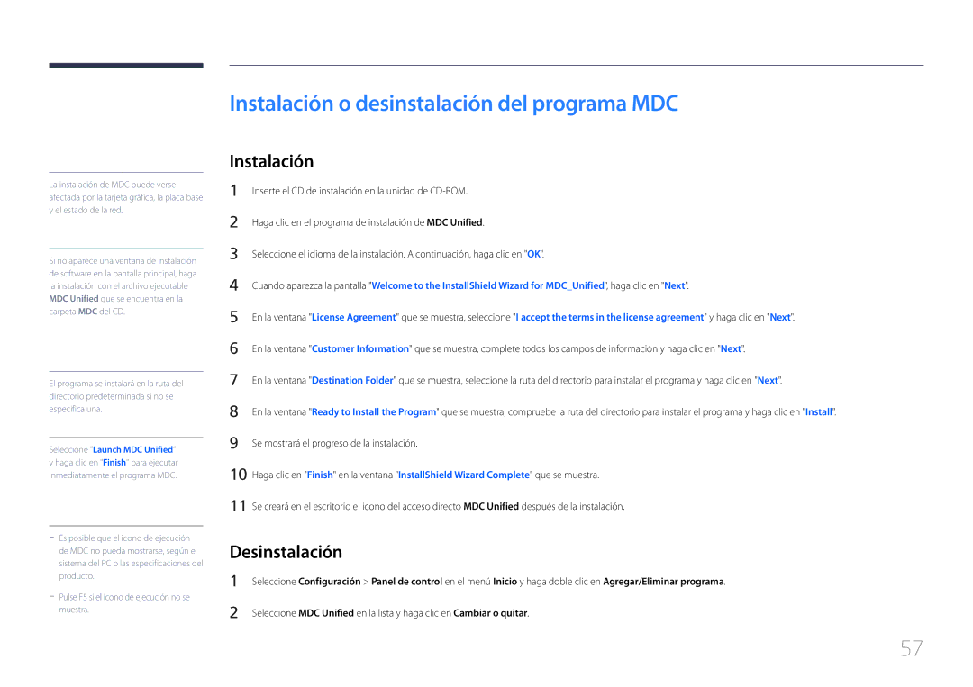 Samsung LH55MECPLGC/EN, LH32MECPLGC/EN, LH46MECPLGC/EN manual Instalación o desinstalación del programa MDC, Desinstalación 