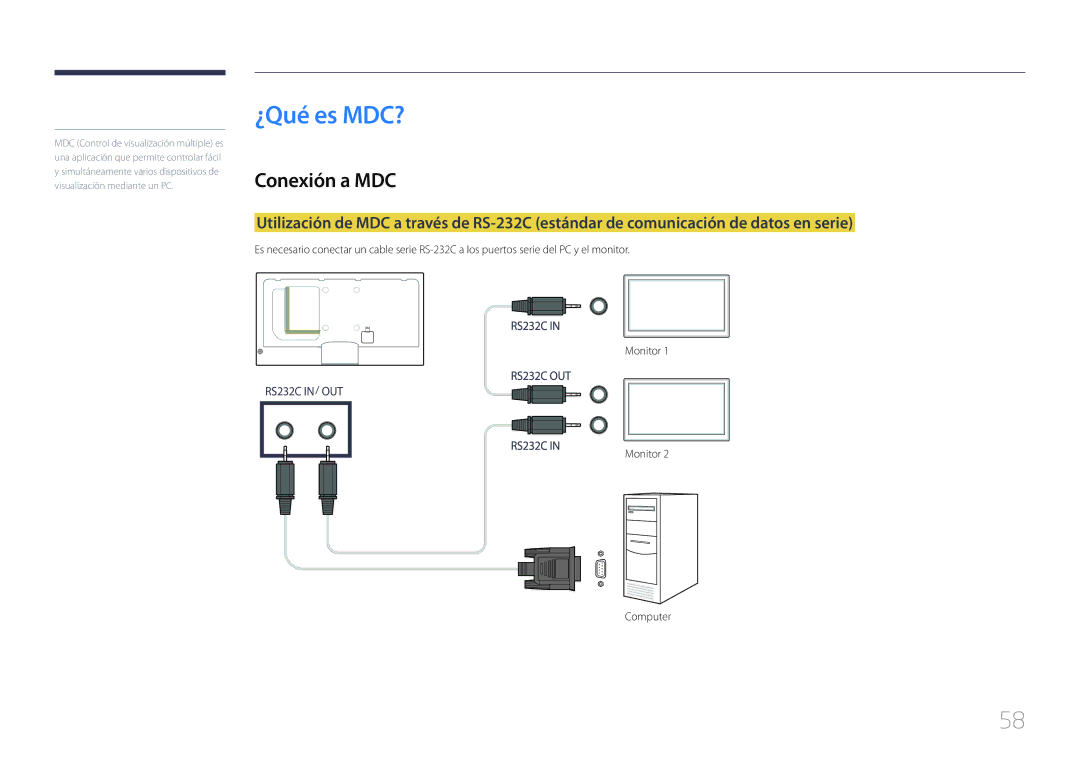 Samsung LH46MECPLGC/EN, LH32MECPLGC/EN, LH55MECPLGC/EN, LH40MECPLGC/EN ¿Qué es MDC?, Conexión a MDC, Monitor Computer 