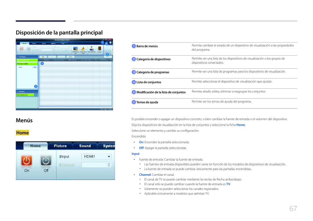 Samsung LH40MECPLGC/EN, LH32MECPLGC/EN, LH55MECPLGC/EN, LH46MECPLGC/EN manual Disposición de la pantalla principal Menús 