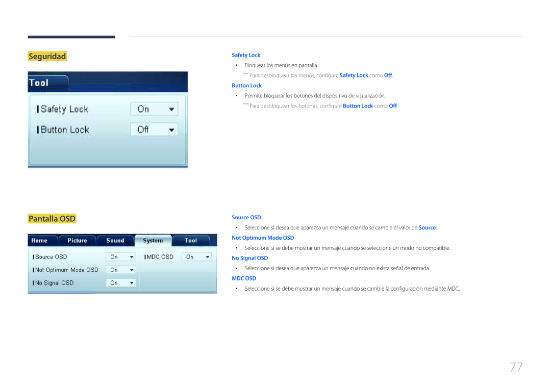 Samsung LH55MECPLGC/EN, LH32MECPLGC/EN, LH46MECPLGC/EN manual Seguridad Pantalla OSD, Bloquear los menús en pantalla 