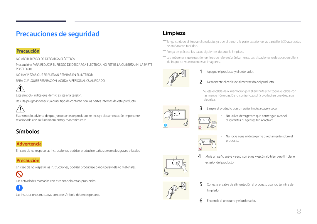 Samsung LH32MECPLGC/EN manual Precauciones de seguridad, Limpieza, Símbolos, Precaución, Apague el producto y el ordenador 