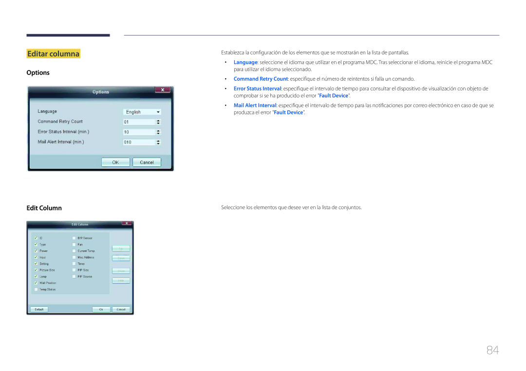 Samsung LH32MECPLGC/EN, LH55MECPLGC/EN, LH46MECPLGC/EN, LH40MECPLGC/EN manual Editar columna, Options Edit Column 