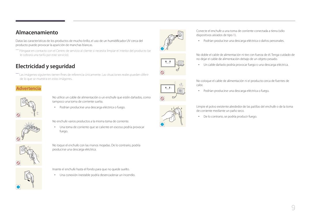 Samsung LH55MECPLGC/EN, LH32MECPLGC/EN, LH46MECPLGC/EN, LH40MECPLGC/EN manual Almacenamiento, Electricidad y seguridad 