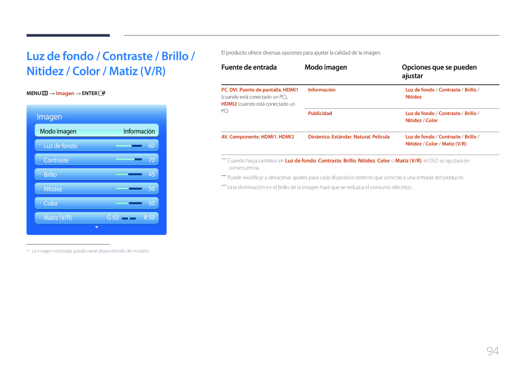 Samsung LH46MECPLGC/EN, LH32MECPLGC/EN, LH55MECPLGC/EN manual Fuente de entrada Modo imagen, Ajustar, MENUm → Imagen → Entere 