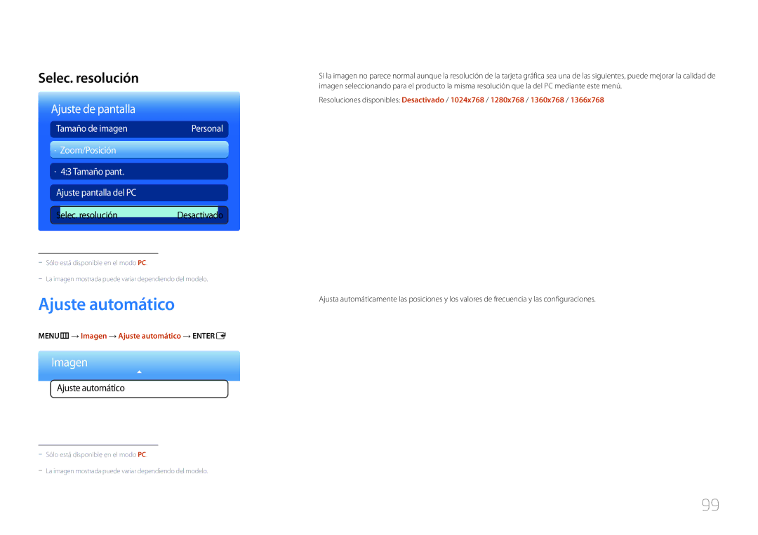 Samsung LH40MECPLGC/EN, LH32MECPLGC/EN, LH55MECPLGC/EN Selec. resolución, MENUm → Imagen → Ajuste automático → Entere 