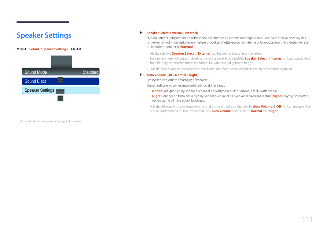 Samsung LH40MECPLGC/EN manual 111, MENUm → Sound → Speaker Settings → Entere, Speaker Select External / Internal 