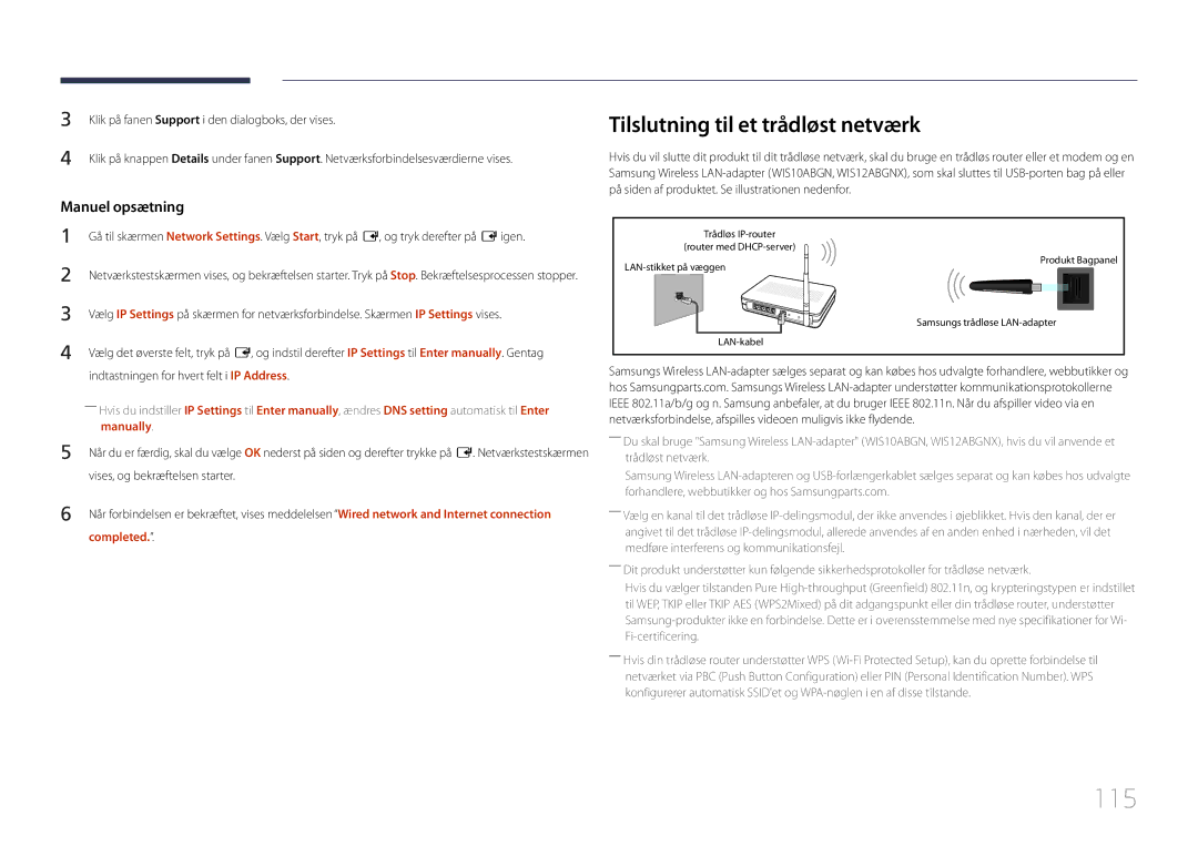 Samsung LH40MECPLGC/EN, LH32MECPLGC/EN, LH55MECPLGC/EN manual 115, Tilslutning til et trådløst netværk, Manually, Completed 