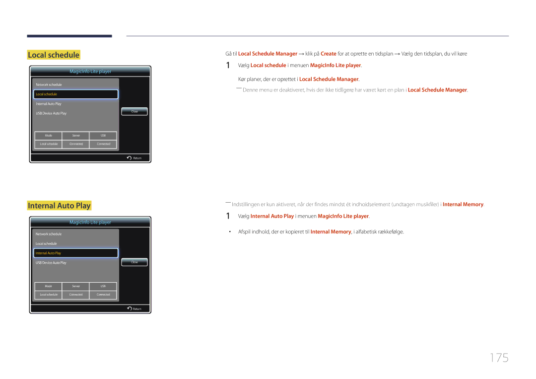 Samsung LH40MECPLGC/EN, LH32MECPLGC/EN, LH55MECPLGC/EN, LH46MECPLGC/EN manual 175, Local schedule, Internal Auto Play 