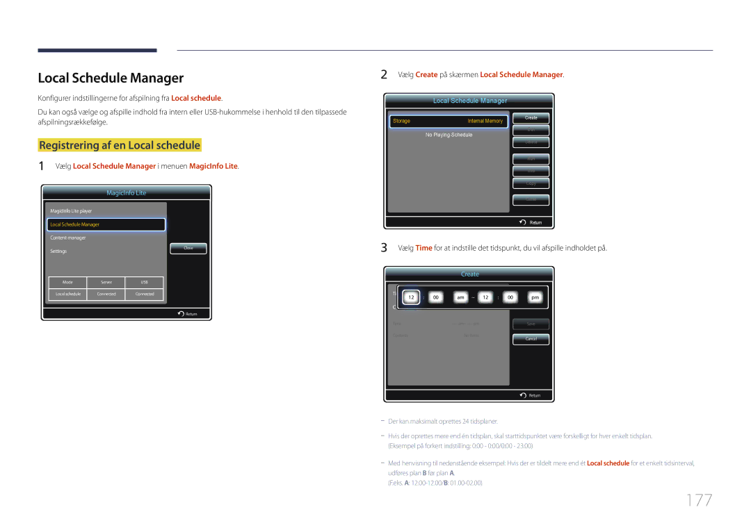 Samsung LH55MECPLGC/EN, LH32MECPLGC/EN, LH46MECPLGC/EN manual 177, Local Schedule Manager, Registrering af en Local schedule 