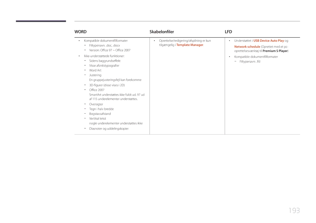 Samsung LH55MECPLGC/EN, LH32MECPLGC/EN, LH46MECPLGC/EN 193, Skabelonfiler, Office, Oprettelse/redigering/afspilning er kun 