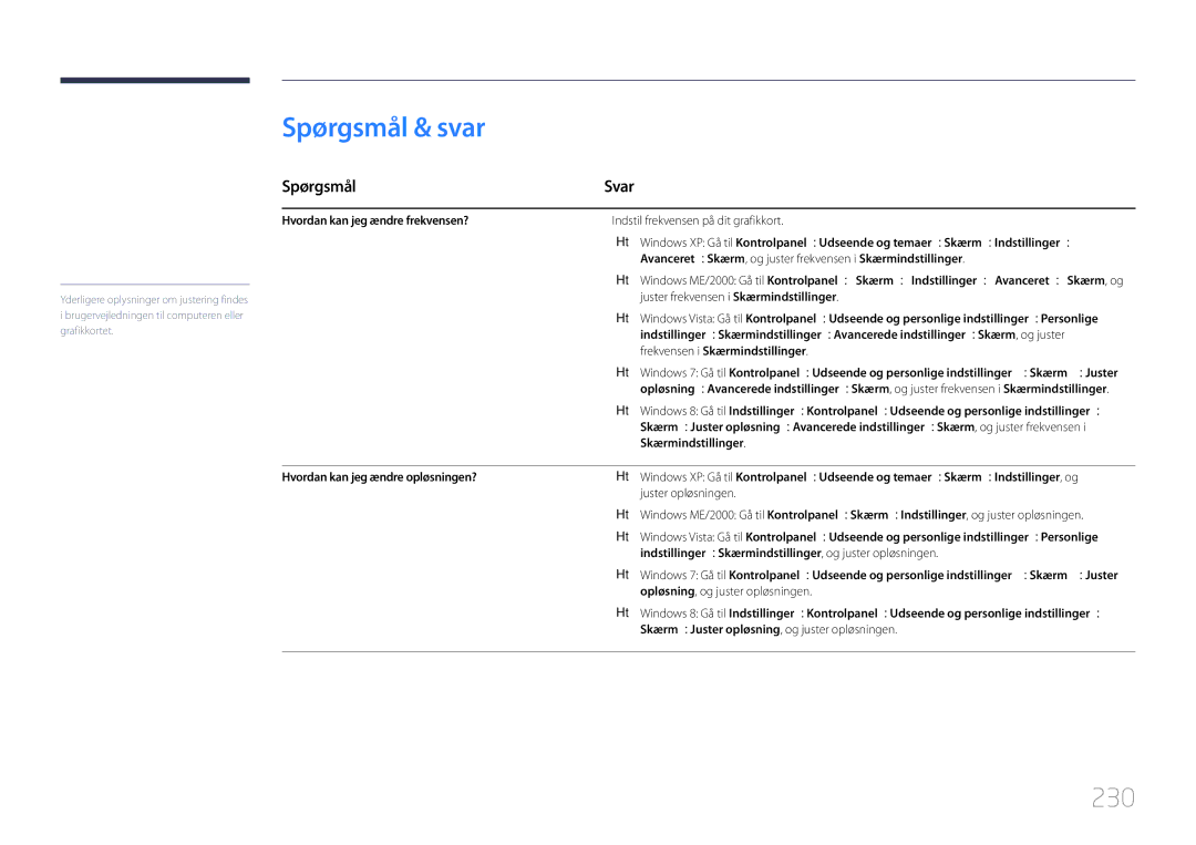 Samsung LH46MECPLGC/EN, LH32MECPLGC/EN, LH55MECPLGC/EN, LH40MECPLGC/EN manual Spørgsmål & svar, 230, Spørgsmål Svar 