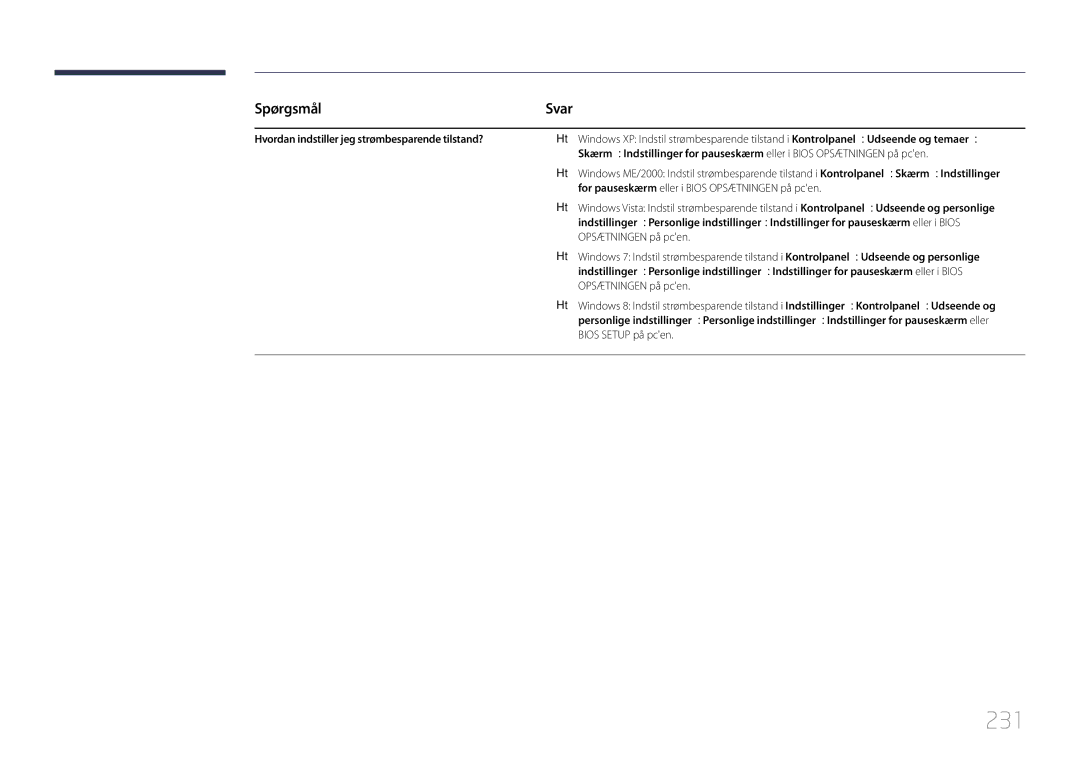 Samsung LH40MECPLGC/EN, LH32MECPLGC/EN manual 231, Spørgsmål, Svar, Hvordan indstiller jeg strømbesparende tilstand? 