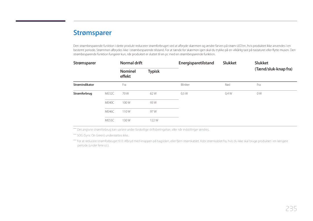 Samsung LH40MECPLGC/EN, LH32MECPLGC/EN manual 235, Strømsparer Normal drift Energisparetilstand Slukket, Nominel, Effekt 