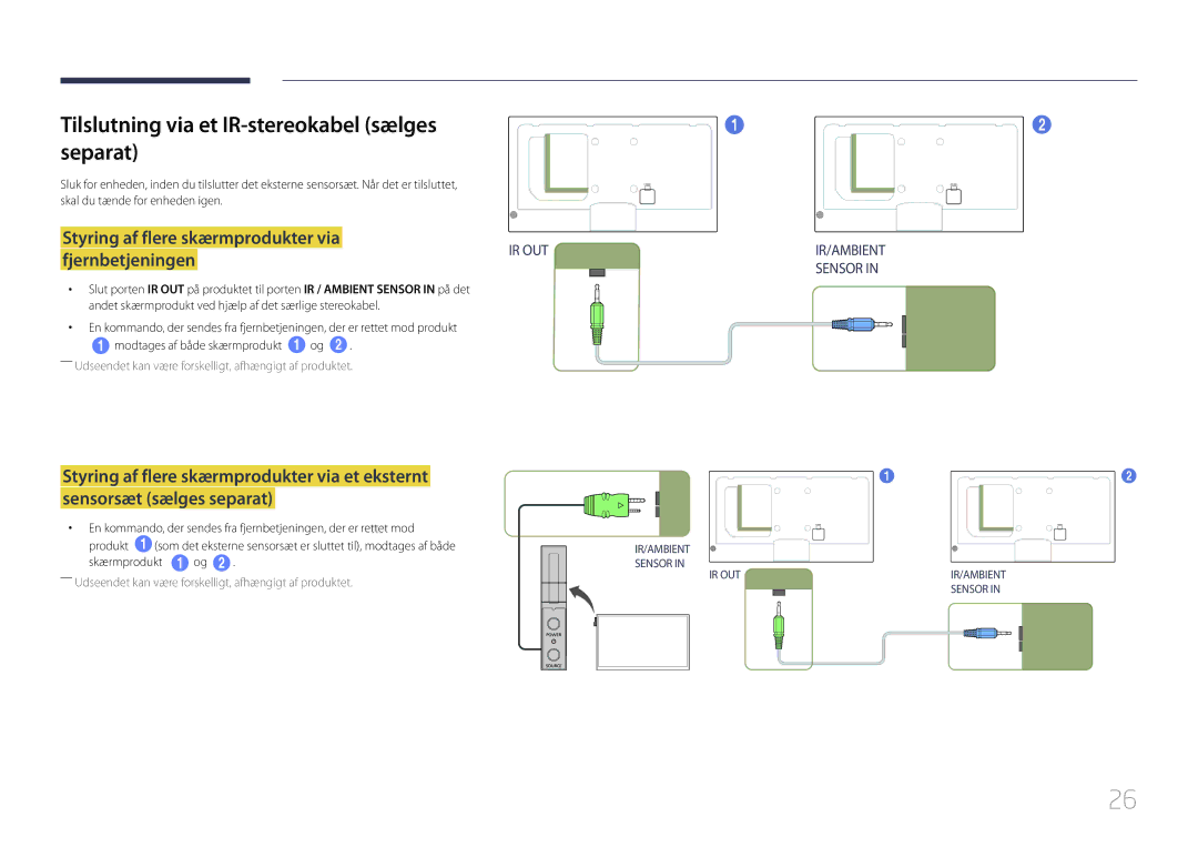 Samsung LH46MECPLGC/EN, LH32MECPLGC/EN, LH55MECPLGC/EN, LH40MECPLGC/EN manual Tilslutning via et IR-stereokabel sælges separat 