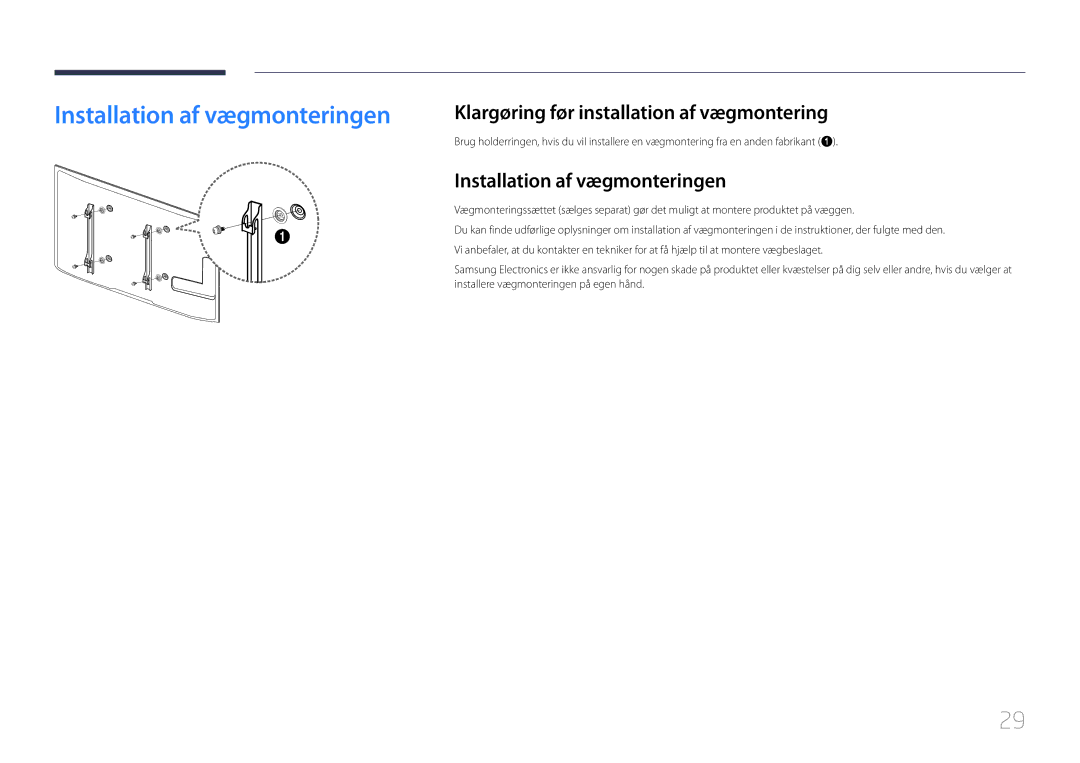 Samsung LH55MECPLGC/EN, LH32MECPLGC/EN manual Installation af vægmonteringen, Klargøring før installation af vægmontering 