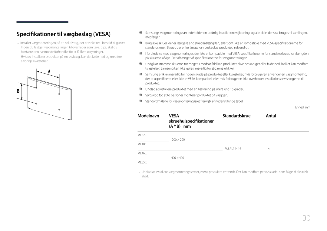 Samsung LH46MECPLGC/EN manual Specifikationer til vægbeslag Vesa, Standardskrue Antal Skruehulspecifikationer I mm 