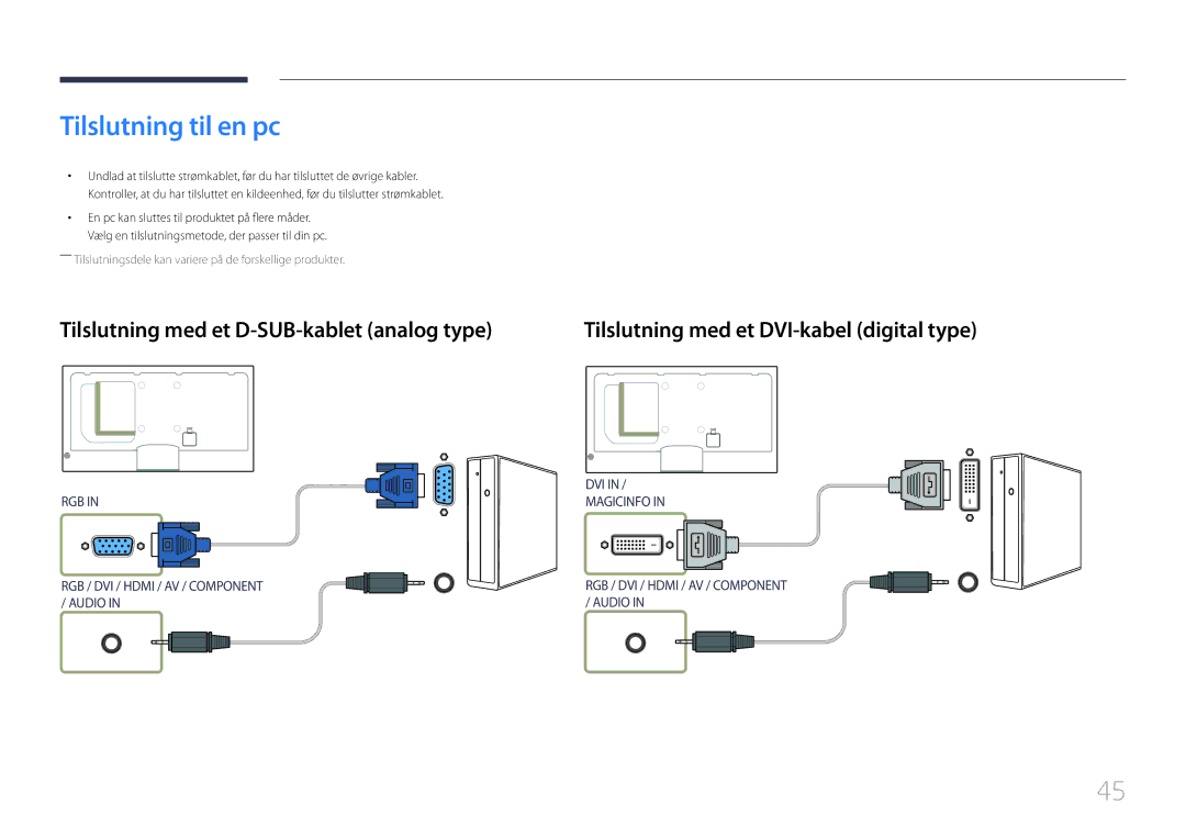 Samsung LH55MECPLGC/EN, LH32MECPLGC/EN, LH46MECPLGC/EN Tilslutning til en pc, Tilslutning med et D-SUB-kablet analog type 