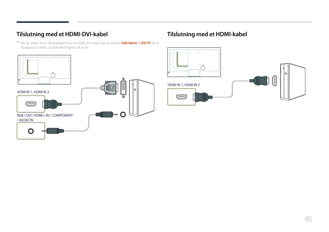 Samsung LH46MECPLGC/EN, LH32MECPLGC/EN, LH55MECPLGC/EN Tilslutning med et HDMI-DVI-kabel, Tilslutning med et HDMI-kabel 