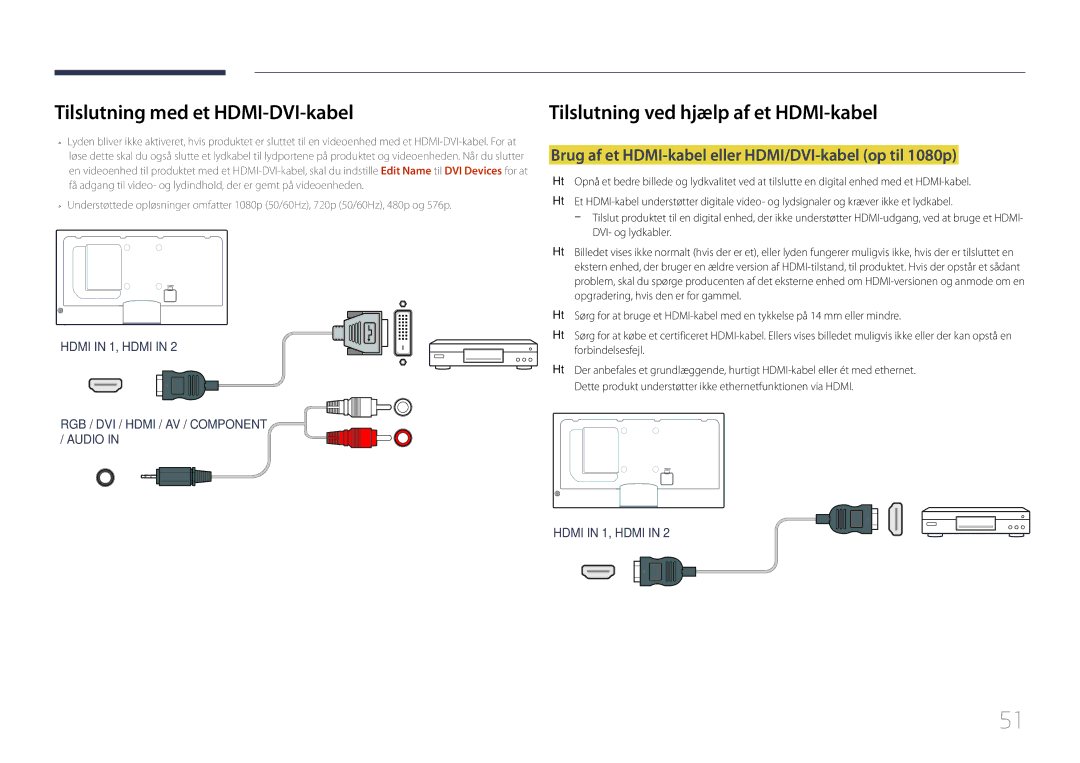 Samsung LH40MECPLGC/EN Tilslutning ved hjælp af et HDMI-kabel, Brug af et HDMI-kabel eller HDMI/DVI-kabel op til 1080p 