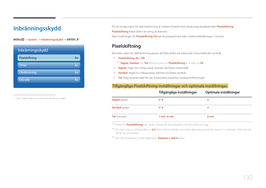 Samsung LH46MECPLGC/EN, LH32MECPLGC/EN, LH55MECPLGC/EN manual Inbränningsskydd, 130, Pixelskiftning, Optimala inställningar 