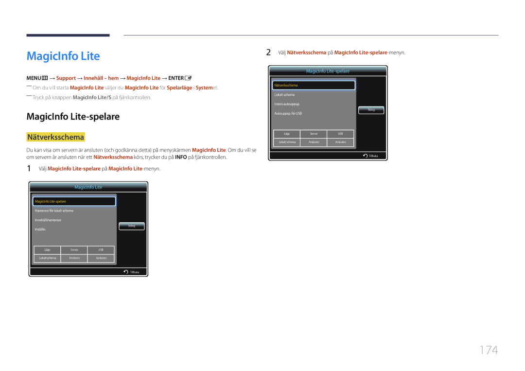 Samsung LH46MECPLGC/EN, LH32MECPLGC/EN, LH55MECPLGC/EN, LH40MECPLGC/EN manual 174, MagicInfo Lite-spelare, Nätverksschema 