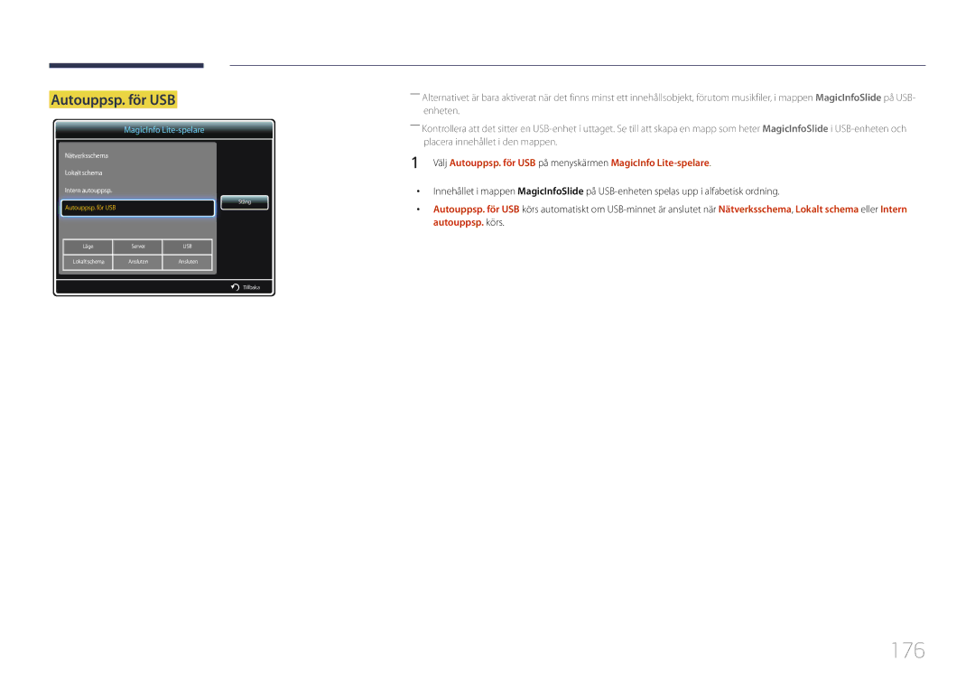 Samsung LH32MECPLGC/EN, LH55MECPLGC/EN, LH46MECPLGC/EN, LH40MECPLGC/EN manual 176, Autouppsp. för USB 