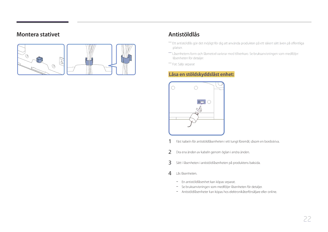 Samsung LH46MECPLGC/EN, LH32MECPLGC/EN, LH55MECPLGC/EN, LH40MECPLGC/EN manual Montera stativet, Låsa en stöldskyddslåst enhet 