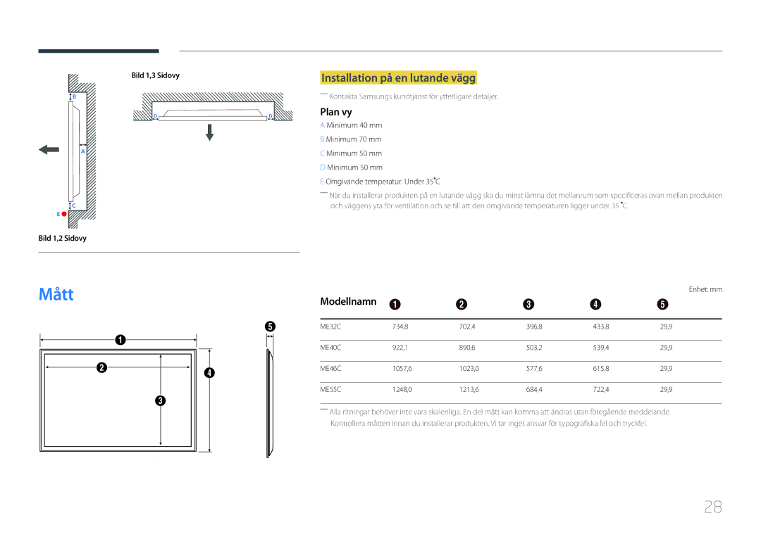 Samsung LH32MECPLGC/EN, LH55MECPLGC/EN, LH46MECPLGC/EN manual Mått, Installation på en lutande vägg, Plan vy, Modellnamn 